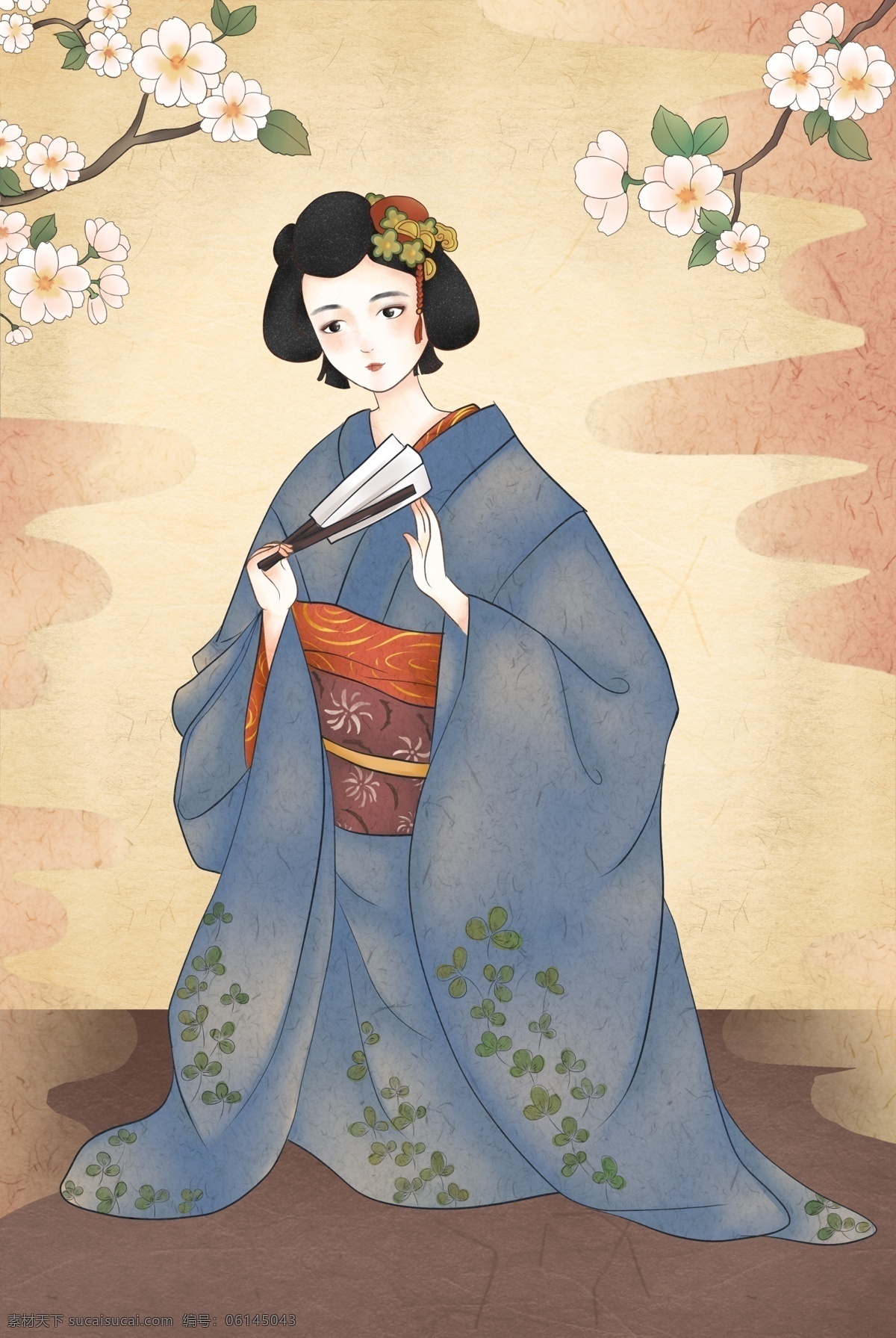 复古 手绘 日本 浮世绘 和服 人物 唯美 清新 仿古