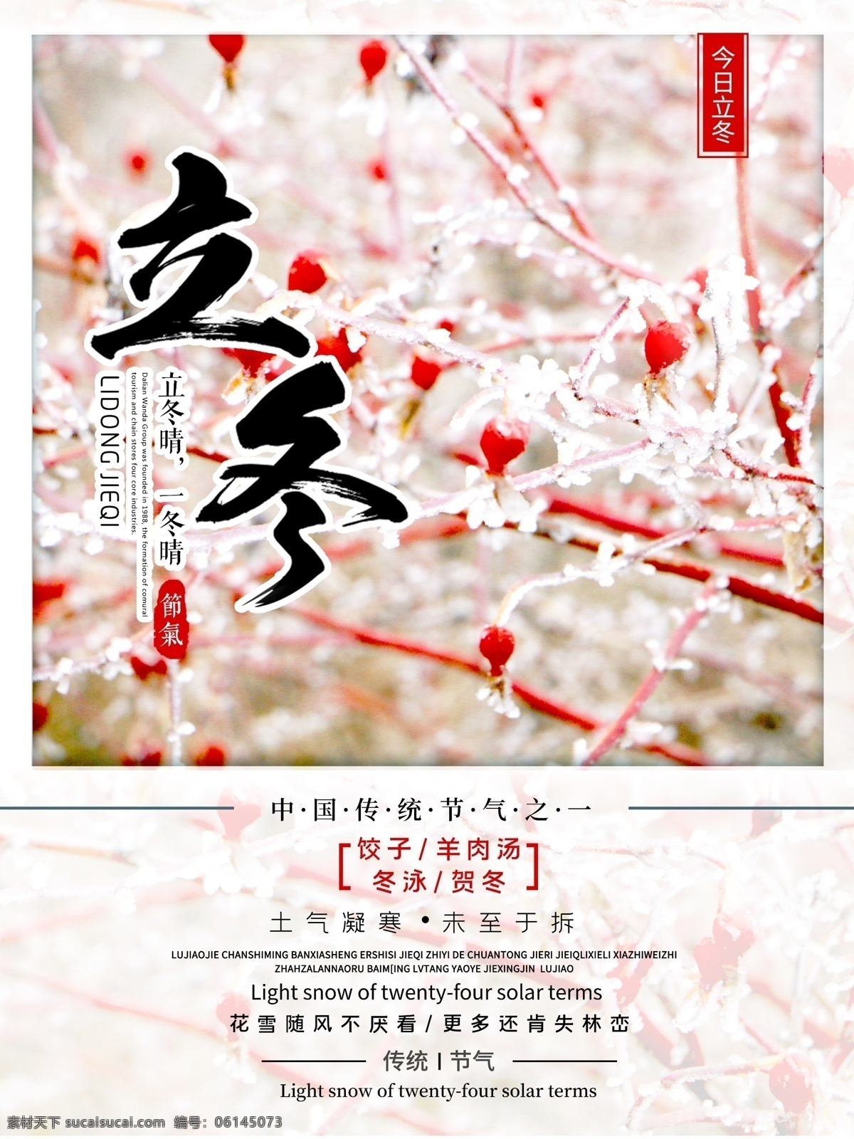 立冬 传统 习俗 宣传海报 简约 红果 雪 节日海报
