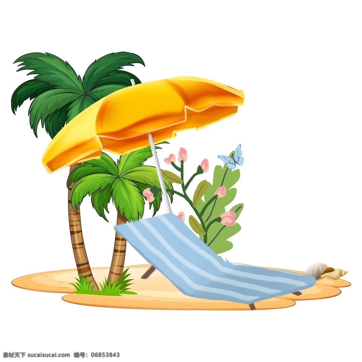 手绘 水彩 夏日 渡假 床 卡通 透明 椰子树 装饰图案 透明素材 免扣素材