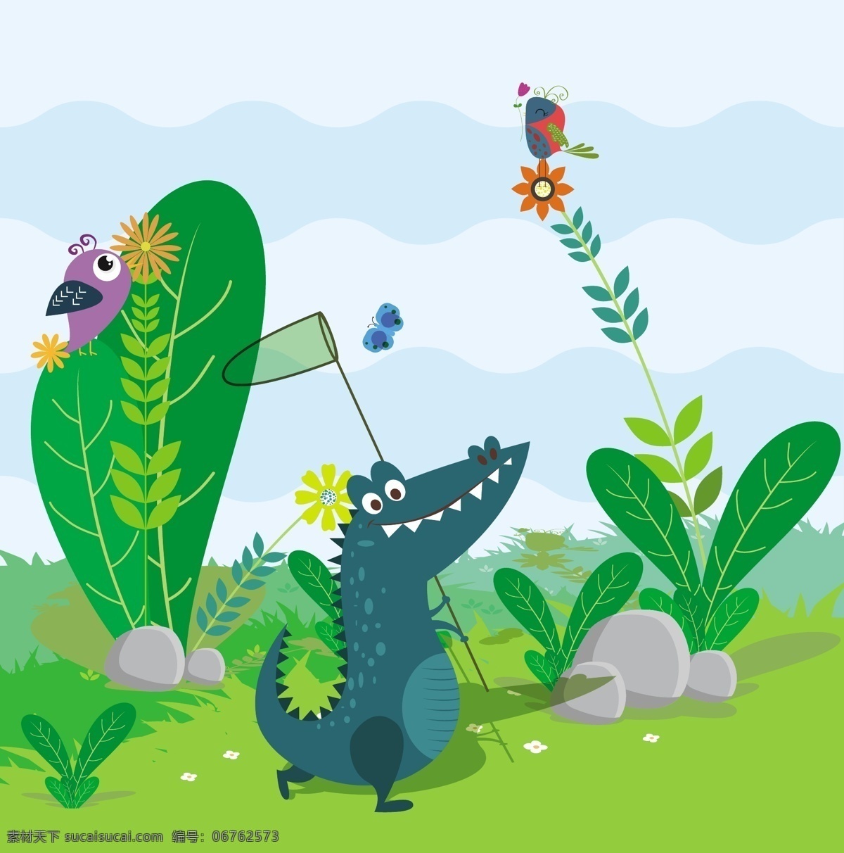 野生动物 背景 色卡 通 风格 鳄鱼 图标 植物 绿色植物 卡通 鸟 花鸟 动物 矢量背景