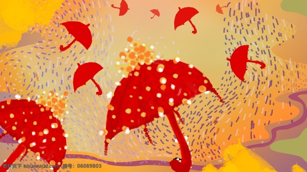 创意 涂鸦 风格 抽象 波 点 红色 伞 插画 波点 可爱 你好秋天