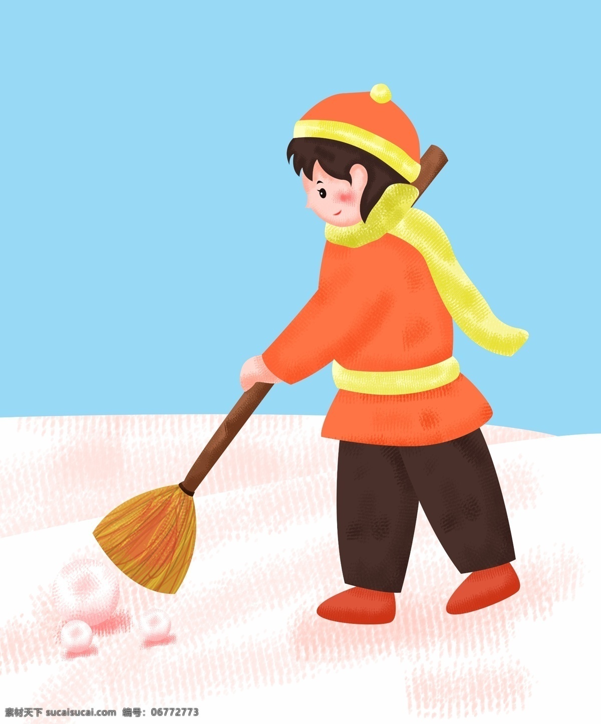 卡通 扫雪 女孩 冬天 手绘 卡通女孩 拿扫把 扫雪地