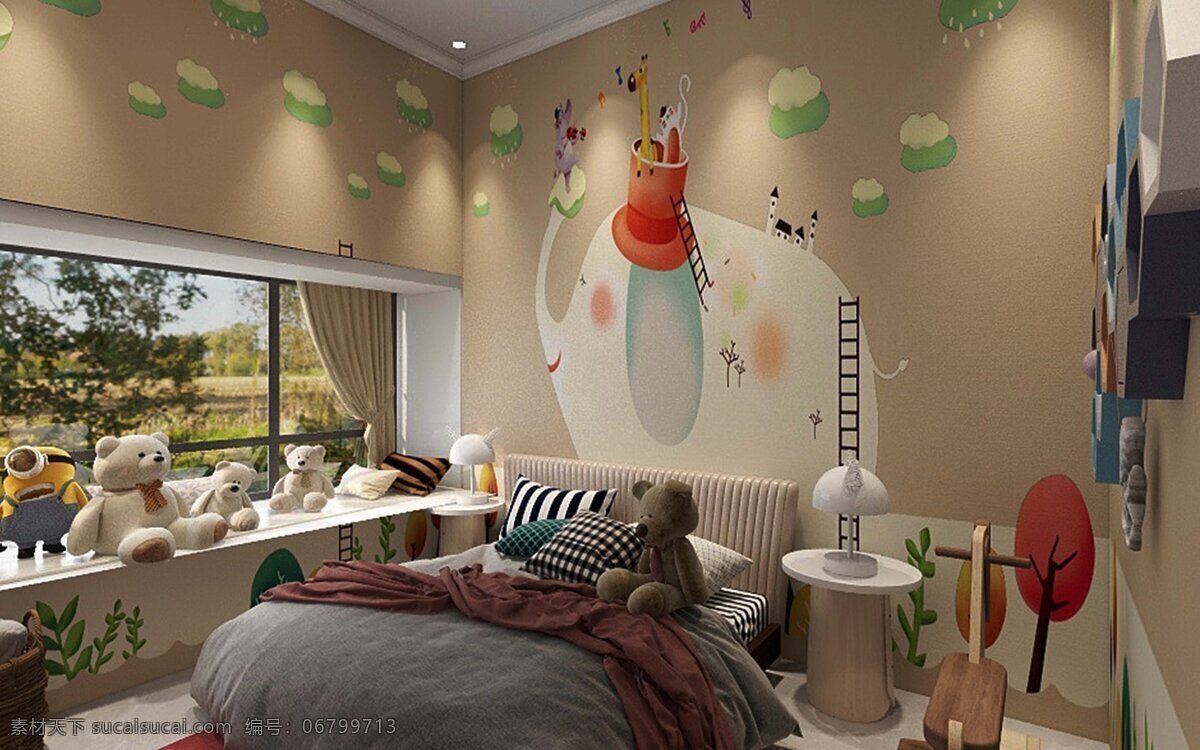 儿童 房室 内 背景 墙 背景墙 室内 大象 手绘 装饰 全屋定制 儿童房