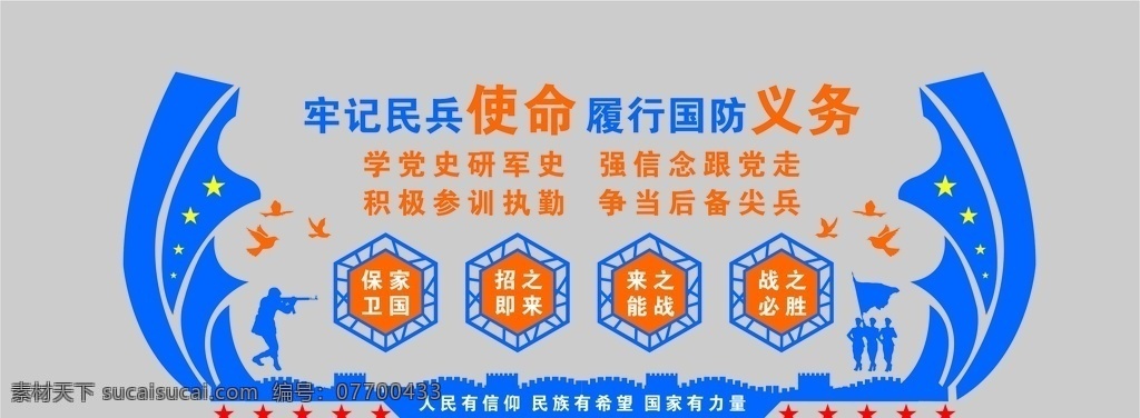 國防民兵 民兵 使命 義務(wù) 保家衛(wèi)國 招之即來 來之能戰(zhàn) 戰(zhàn)之必勝 信念 尖兵 積極 人民有信仰 民族有希望 國家有力量 文化墻