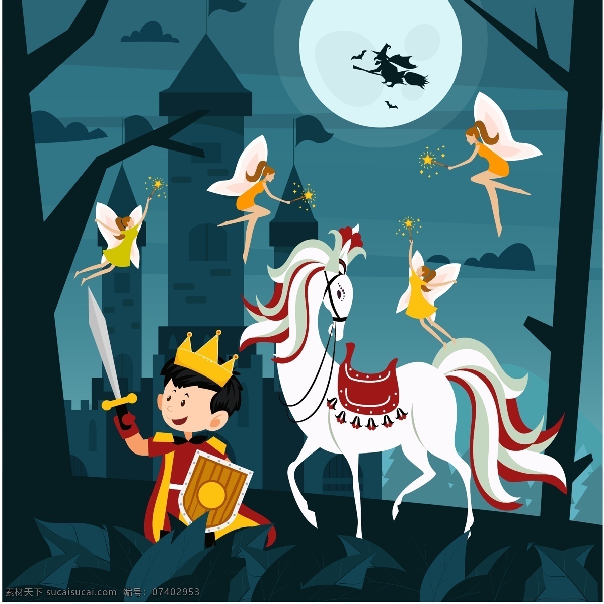 创意童话 王子和白马 矢量素材 夜晚 创意 童话 王子 白马 树林 树木 精灵 宝剑 盾牌 月亮 巫婆 城堡 魔法 矢量图 ai格式