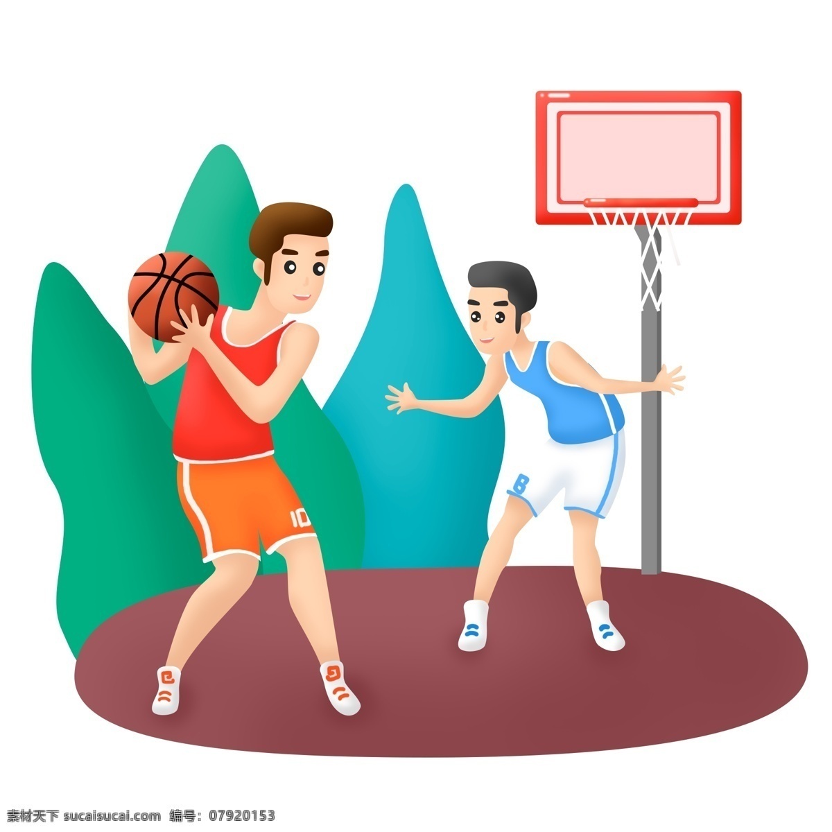 世界 篮球 日 双人 场景 元素 商用 户外 人物 体育 运动 世界篮球日 打篮球 球架 球框 树 篮球场