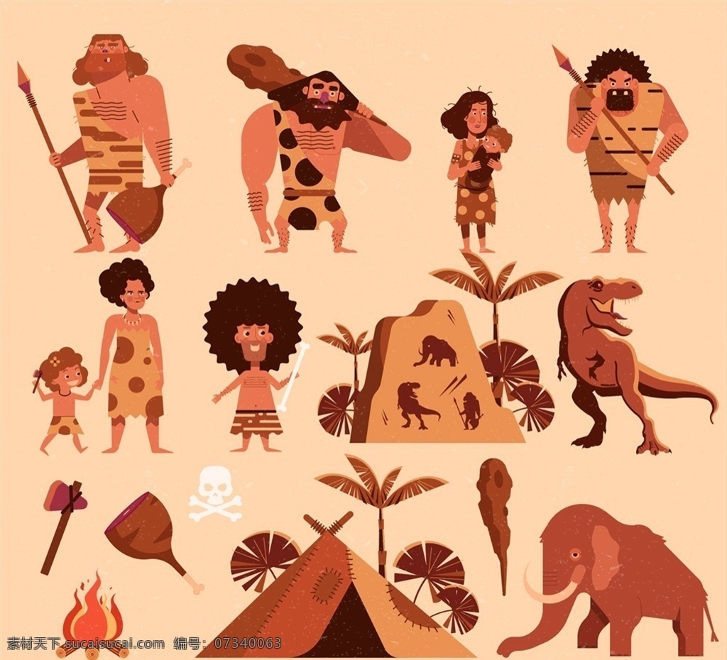 原始 部落 人物图片 石斧 婴儿 恐龙 猛犸象 帐篷 矢量 高清图片