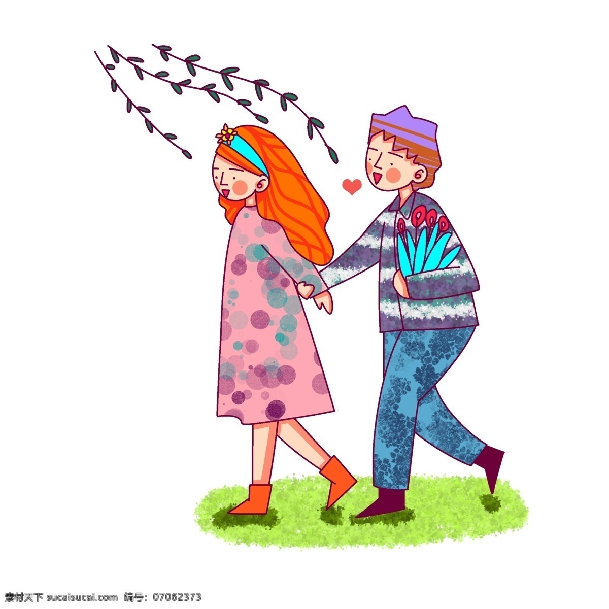 卡通 風(fēng)格 春日 情侶 踏青 出游 溫馨 季節(jié) 草地 植物 男孩 女孩 裙子 服飾圖案 長褲 長發(fā) 短發(fā) 鞋子 愛心 線描 清明節(jié)