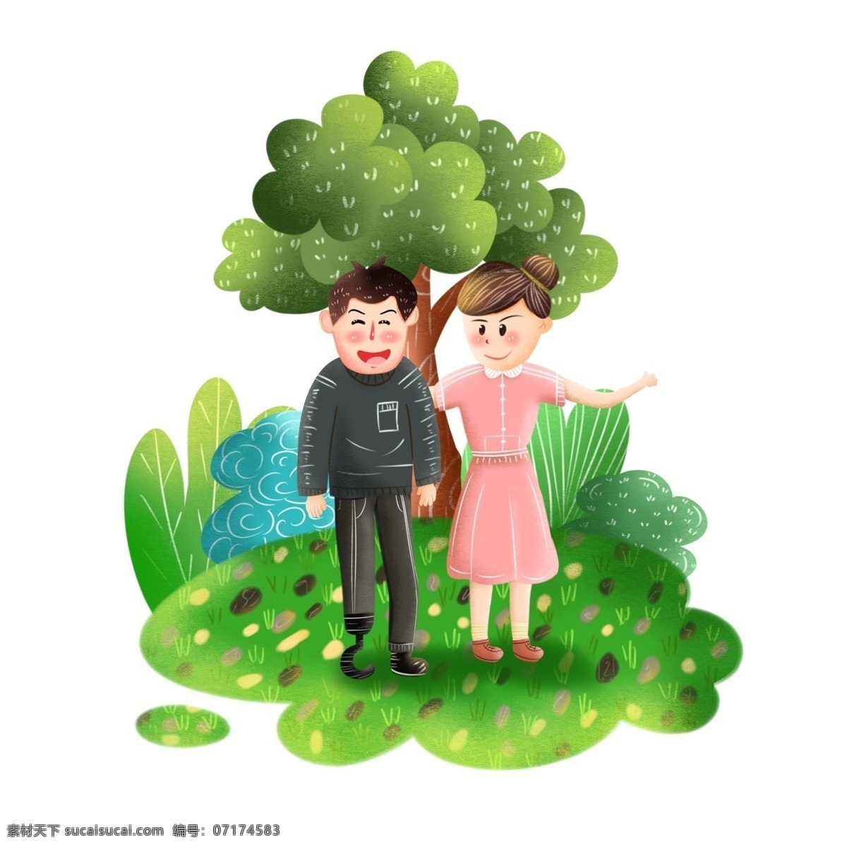 手绘 助残日 帮助 残疾人 石子路 手绘风 腿残疾 树木 草地 人物 元素 可商用