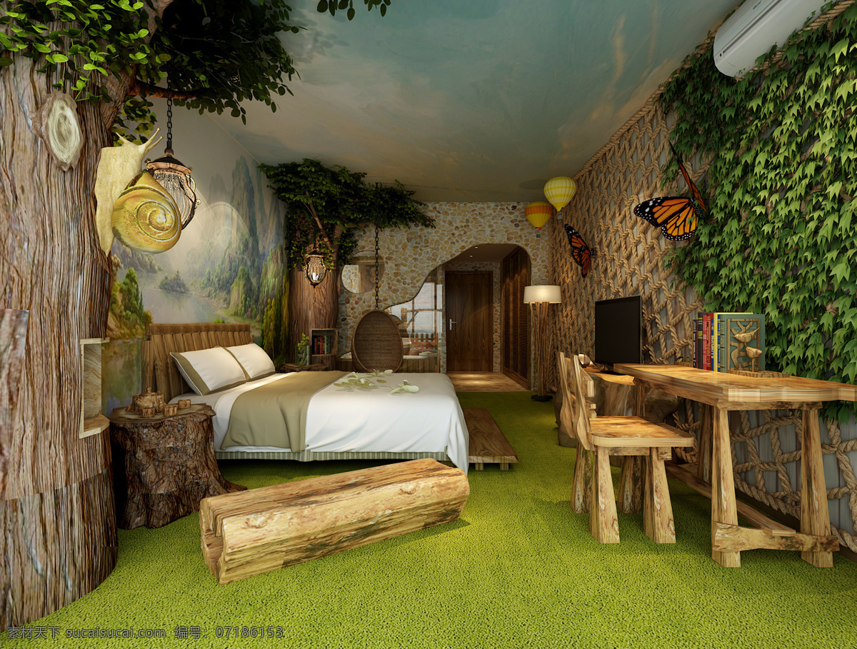 现代 森林 树叶 装饰 背景 墙 卧室 室内装修 效果图 木制桌子 卧室装修 树叶背景墙 绿色地毯