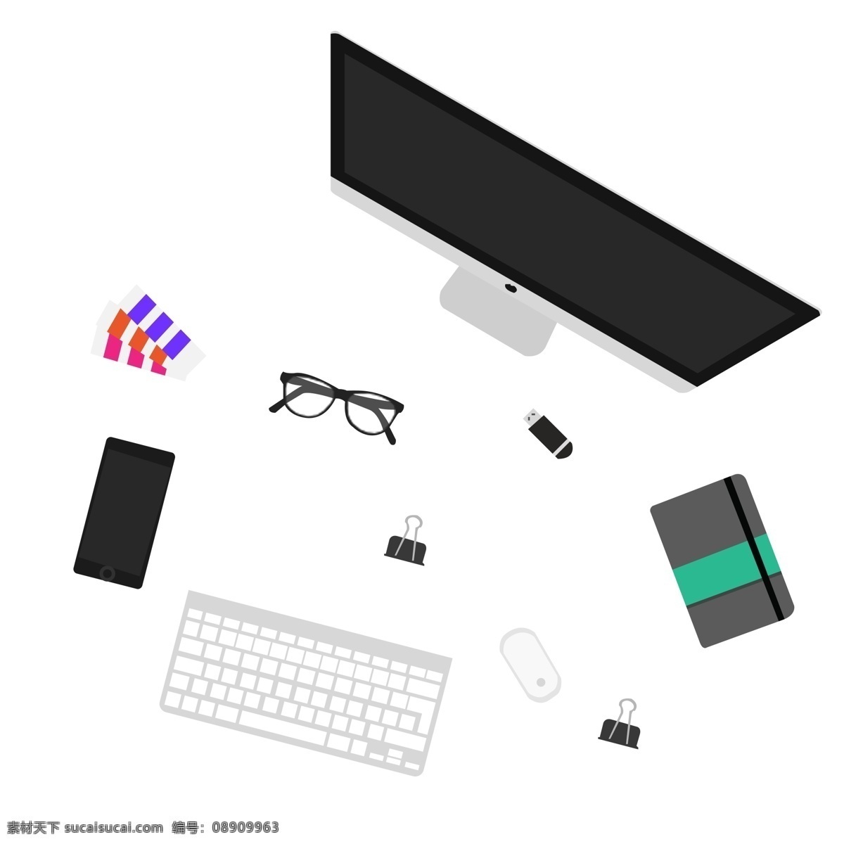 设计师 桌面 俯视 插画 矢量 苹果电脑 扁平化 卡通的 键盘 鼠标 手机 记事本 色卡 夹子