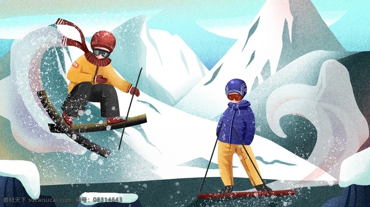 滑雪 场景 肌理 写实 噪 点 唯美 简约 商业 插画 雪山 雪 噪点