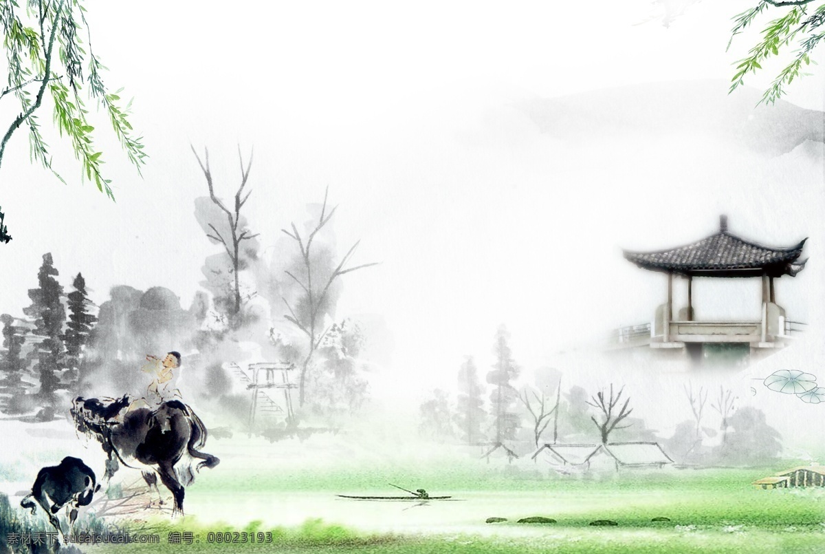水墨 風(fēng)景 模版下載 水墨風(fēng)景 踏青 柳條 牧童 亭子 中國(guó)風(fēng) 清明節(jié) 廣告設(shè)計(jì)模板 源文件