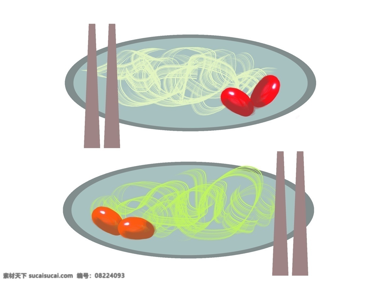 两 盘 面条 图案 插图 红色的西红柿 西红柿装饰 灰色筷子 绿色面条 黄色面条 漂亮的图案 装饰插图