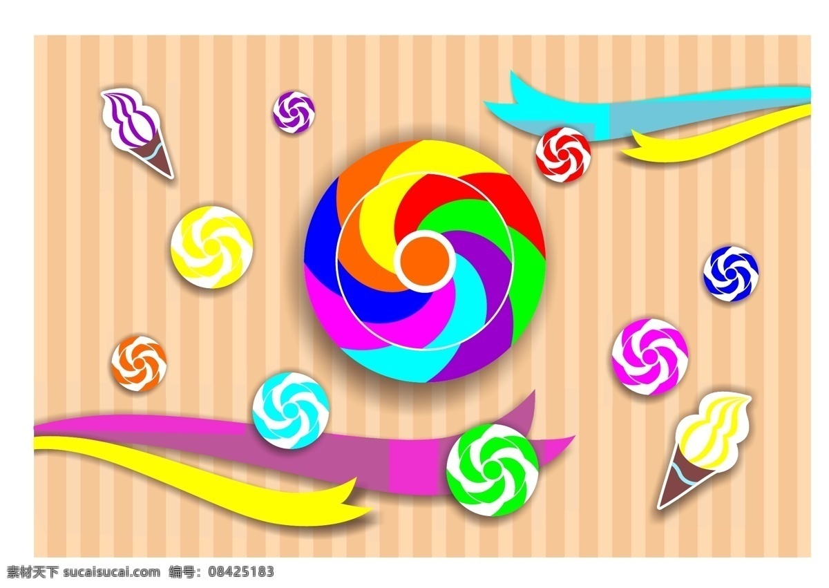 卡通 风格 矢量 糖果 糕点 元素 糖 冰淇淋 彩带 背景 彩色 棒棒糖 节日元素 平面 纹理