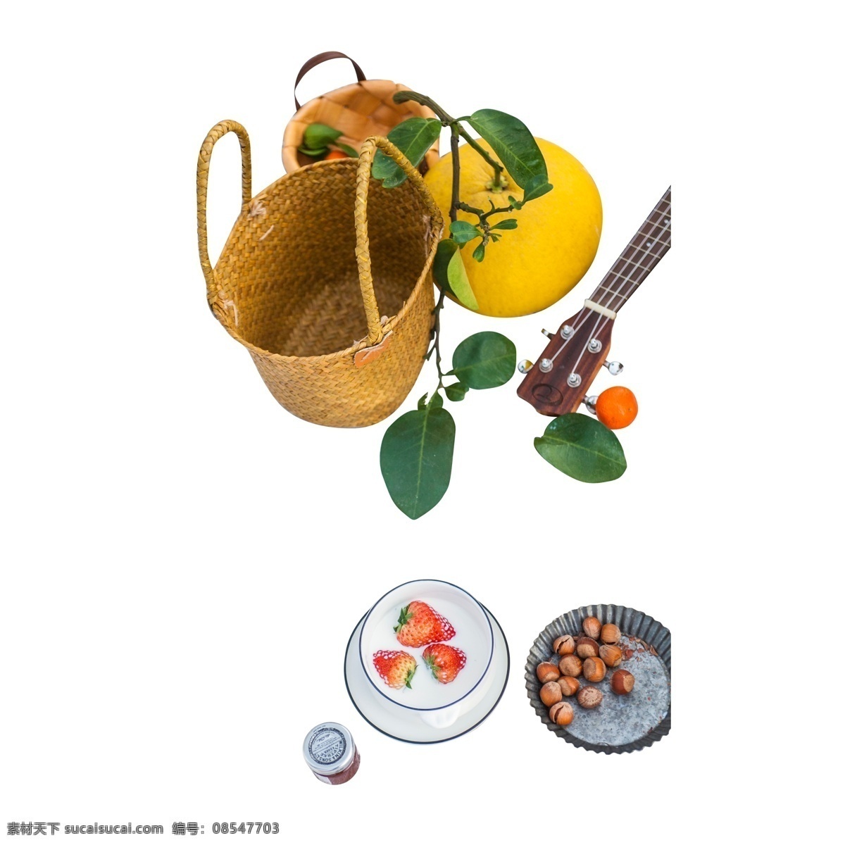 彩色 水果篮子 元素 创意水果篮子 花纹 纹理 质感 装饰 果实 真实 味道 吃的 圆润 盘子 篮子 叶子