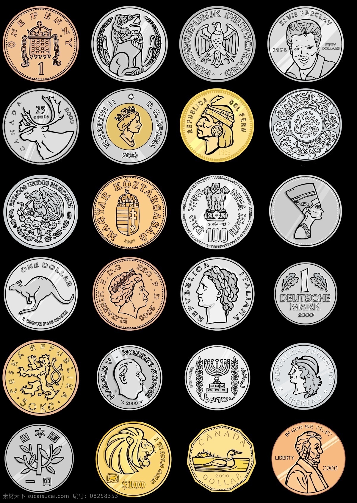 世界各國 硬幣 矢量 世界 商務(wù) 金融 金融貨幣 日本 加拿大 澳大利亞 英國 美國 墨西哥 金錢 金幣 圖標(biāo) 標(biāo)簽 插畫 背景 海報(bào) 畫冊 圖標(biāo)按鈕 標(biāo)志圖標(biāo) 其他圖標(biāo)