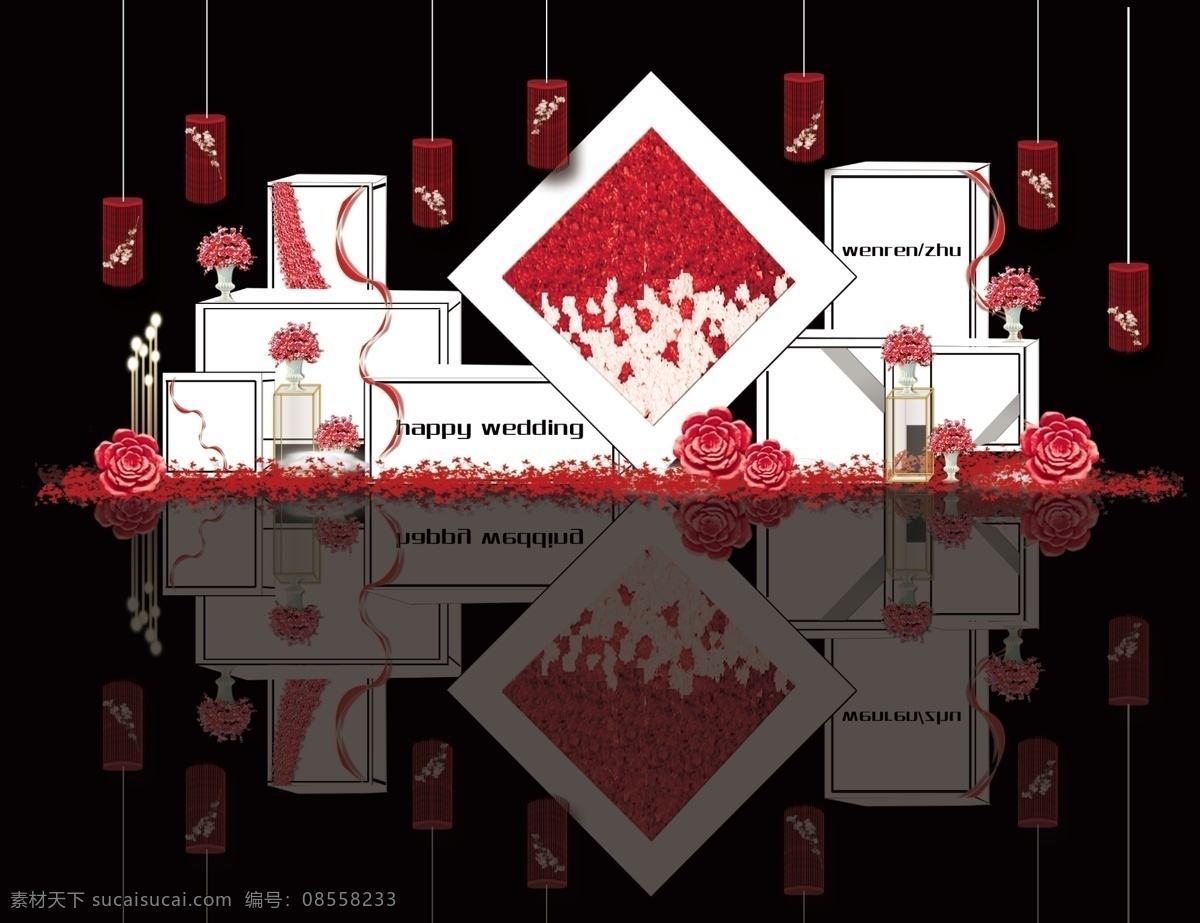 紅白色 方塊 婚禮 迎賓 區(qū) 效果圖 紅白色婚禮 方塊禮盒 簡約干凈婚禮 吊頂 花墻 路引 龍珠燈 花瓣 個性時尚婚禮