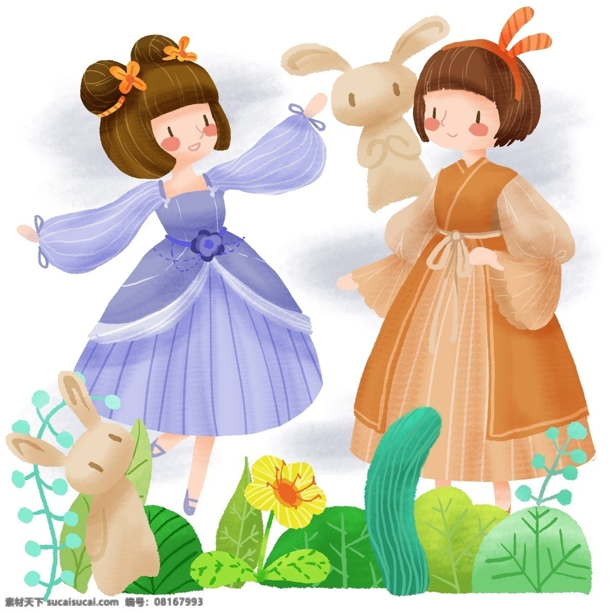 手绘 可爱 女孩 双子 森林 舞蹈 卡通 小女孩 绿色 植物 绿植 花朵 兔子 冬菇 蓝裙子 黄裙子 野外 春游 郊游