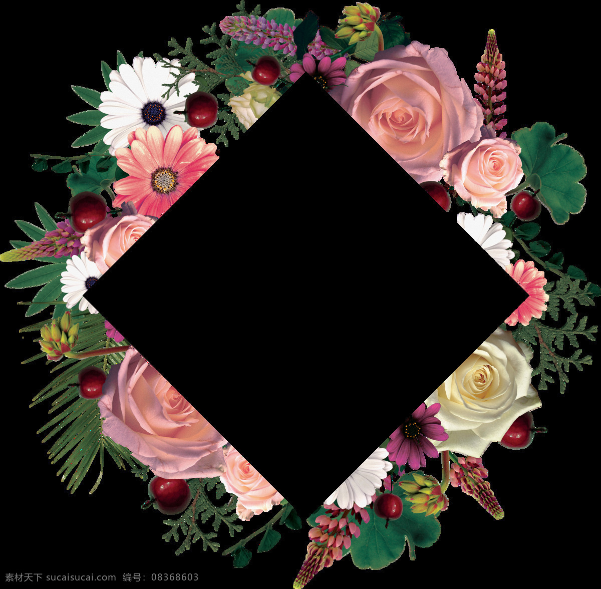 手绘 个性 菱形 花环 透明 白色 花朵 玫瑰花 免扣素材 透明素材 形状 装饰图片