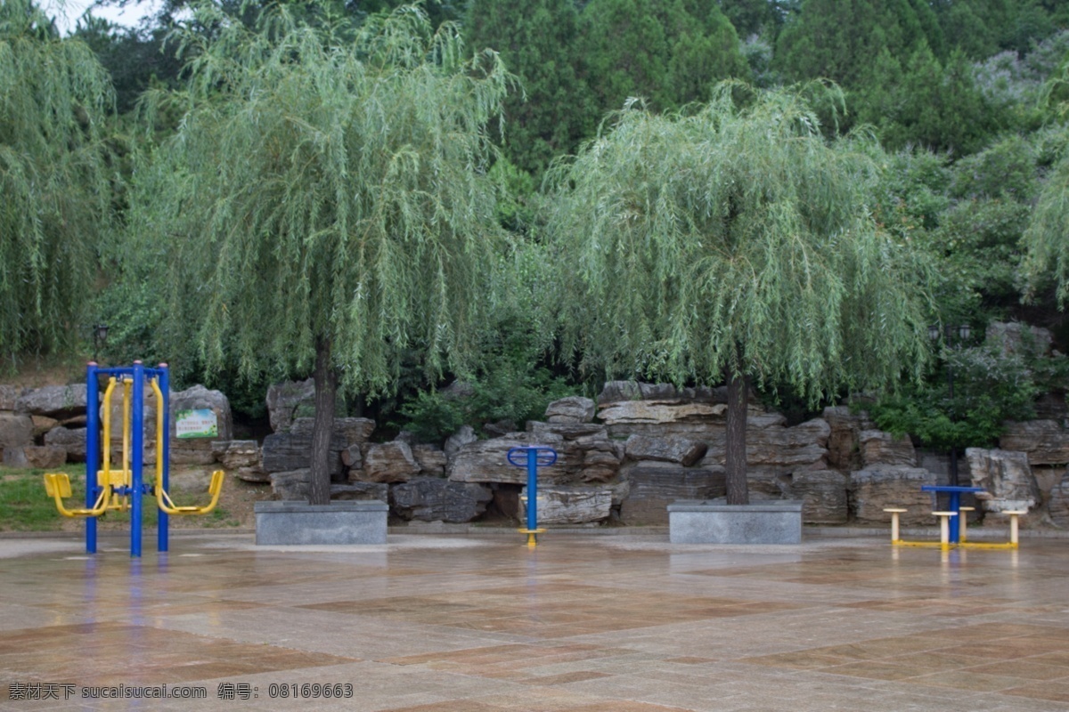 健身器材 健身器植材 植物 树木 蓝色 黄色 天空 雨后 园林 景观 层次 旅游摄影 国内旅游