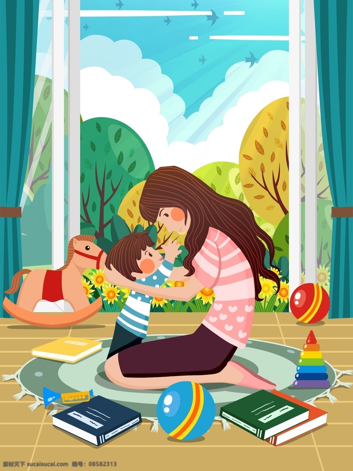 世界 幸福 日 男孩 拥抱 母亲 温馨 场景 插画 世界幸福日 女人 植物 阳光 云 鸟 木马 书 窗帘 球 地毯 花 壁纸 包装 配图