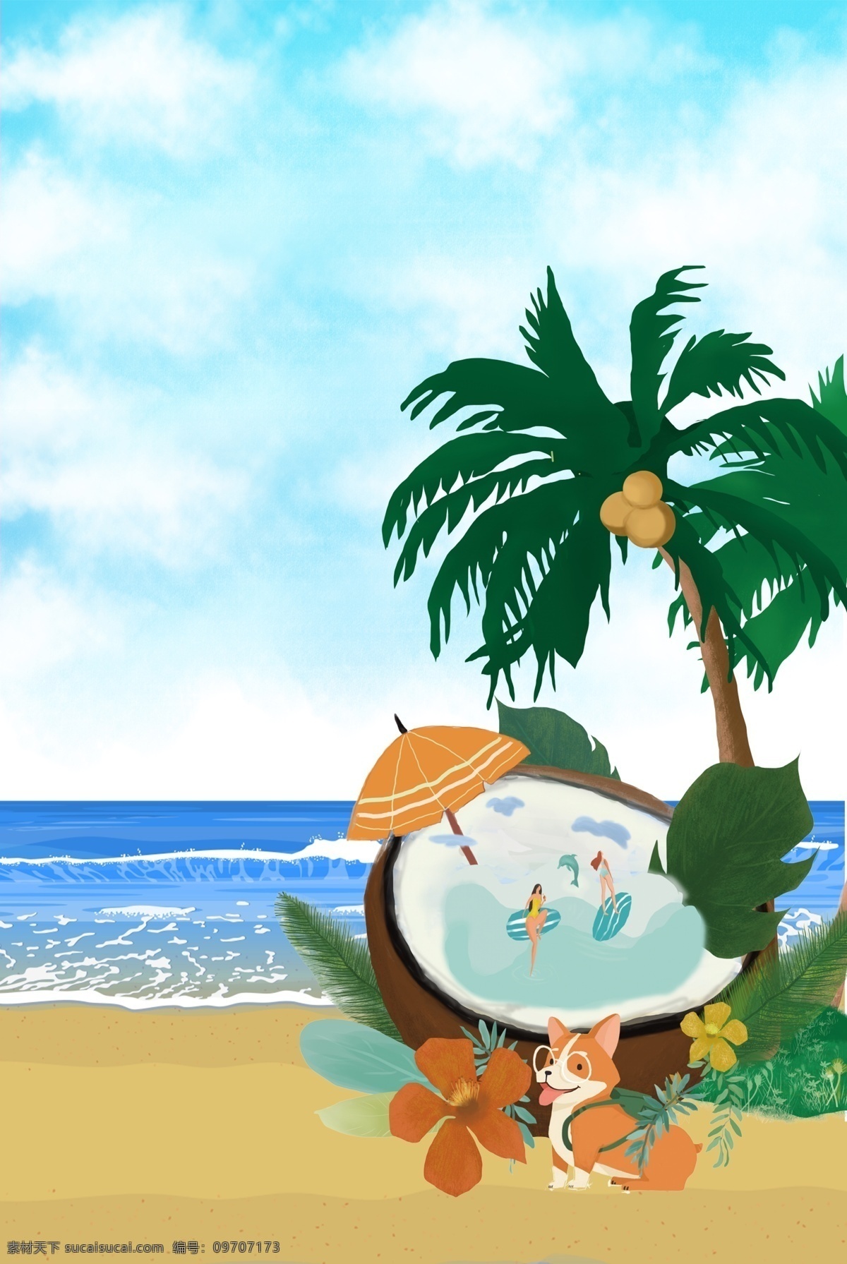 夏日 阳光 沙滩 椰子 浴 夏天 夏季 沐浴 饮料 蓝天 白云