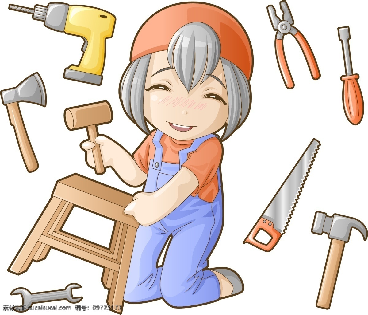 可爱 木工 女孩 木匠 锤子 椅子 电钻 矢量 高清图片