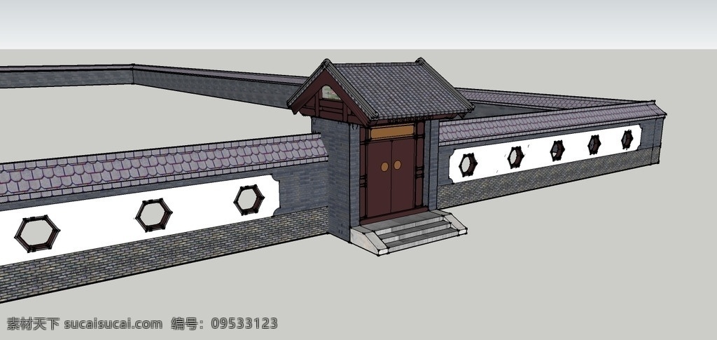 简单中式大门 制作精细 古建 中式 大门 围墙 风景 园林 室外 3d设计 室外模型 skp
