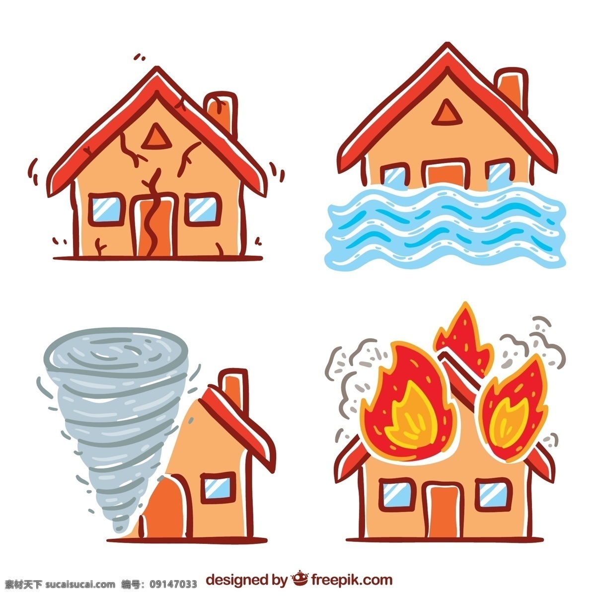 自然災(zāi)害 中 房屋 地震 洪水 火災(zāi) 龍卷風(fēng) 建筑 源文件 矢量 高清圖片