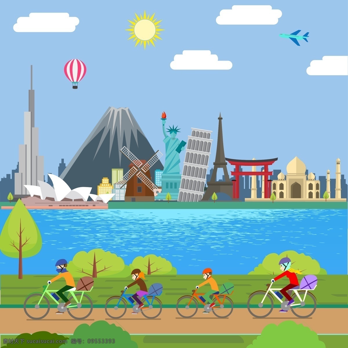 城市 风景 骑 行 人物图片 城市风景 骑行物 自行车 建筑 火山 矢量 高清图片