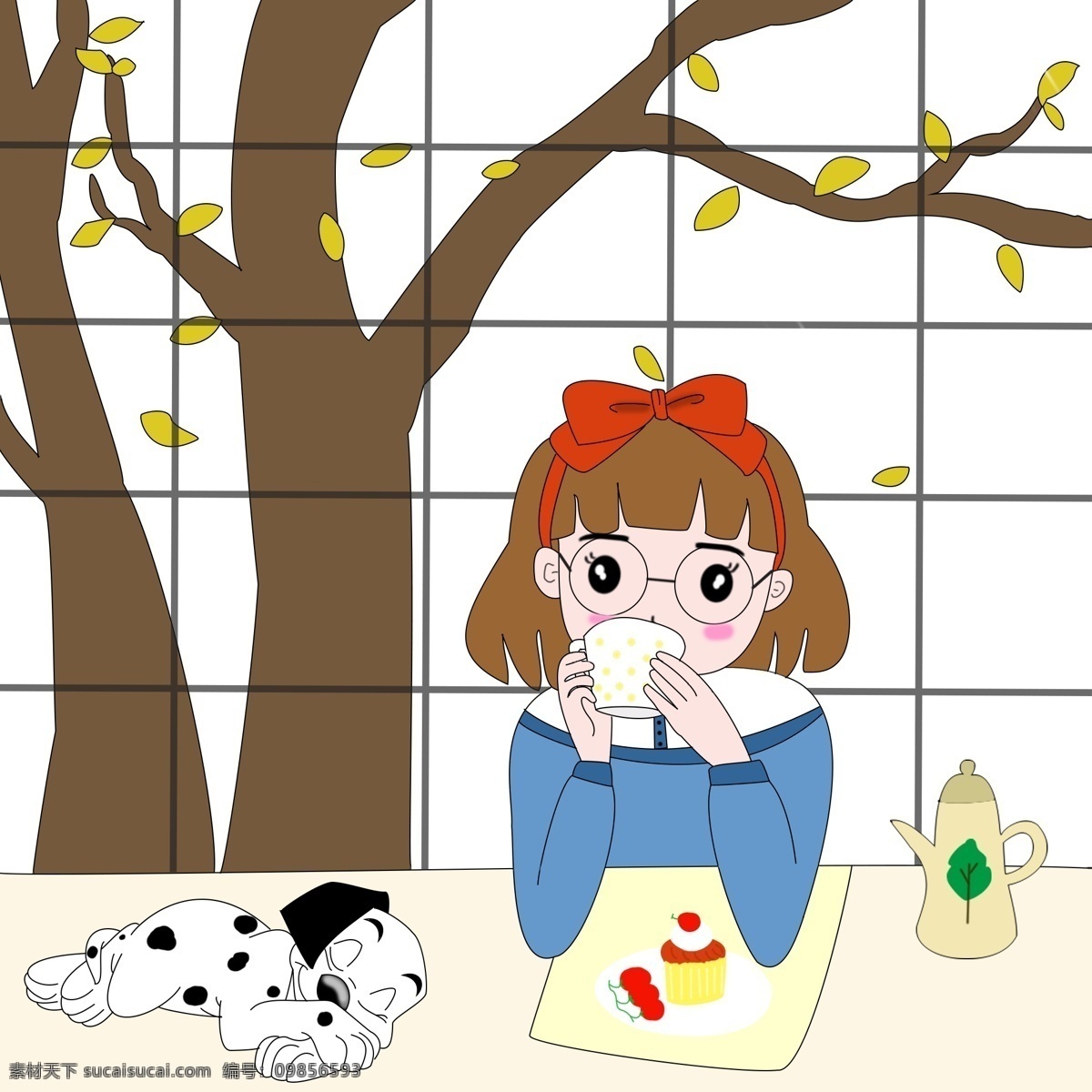 秋分 手绘女孩图片 手绘女孩 狗 喝茶 插画 卡通设计