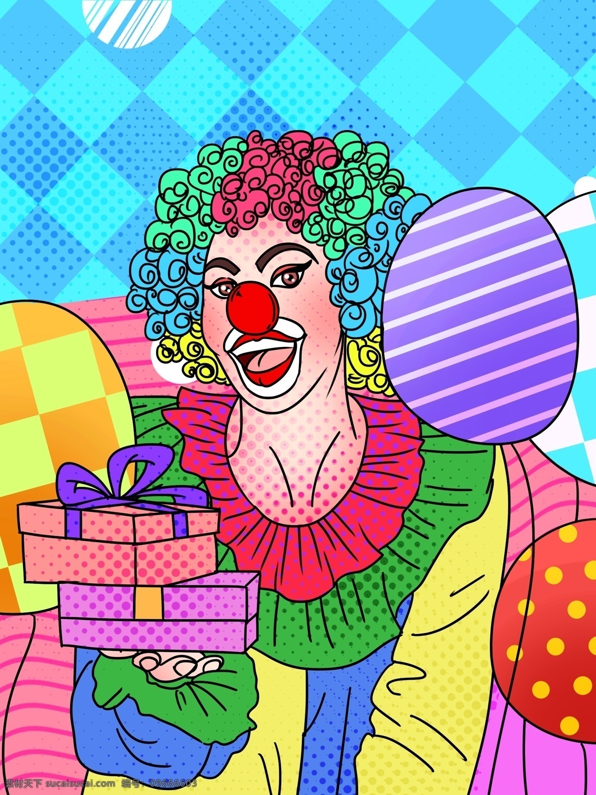 波普 风 愚人节 小丑 气球 插画 背景 节日背景 广告 礼物
