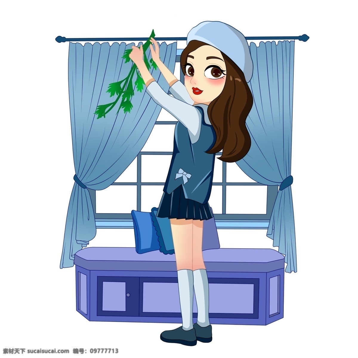 端午節(jié) 掛 艾 草 女孩 艾草 室內(nèi) 習(xí)俗