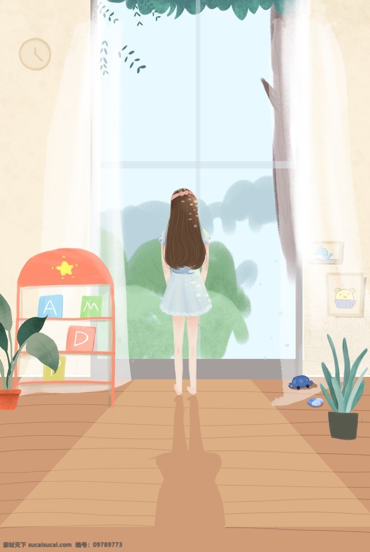 窗 女孩 眺望 景色 海報 窗戶 植物 盆栽 室內 裝潢 家居 促銷海報 服裝海報