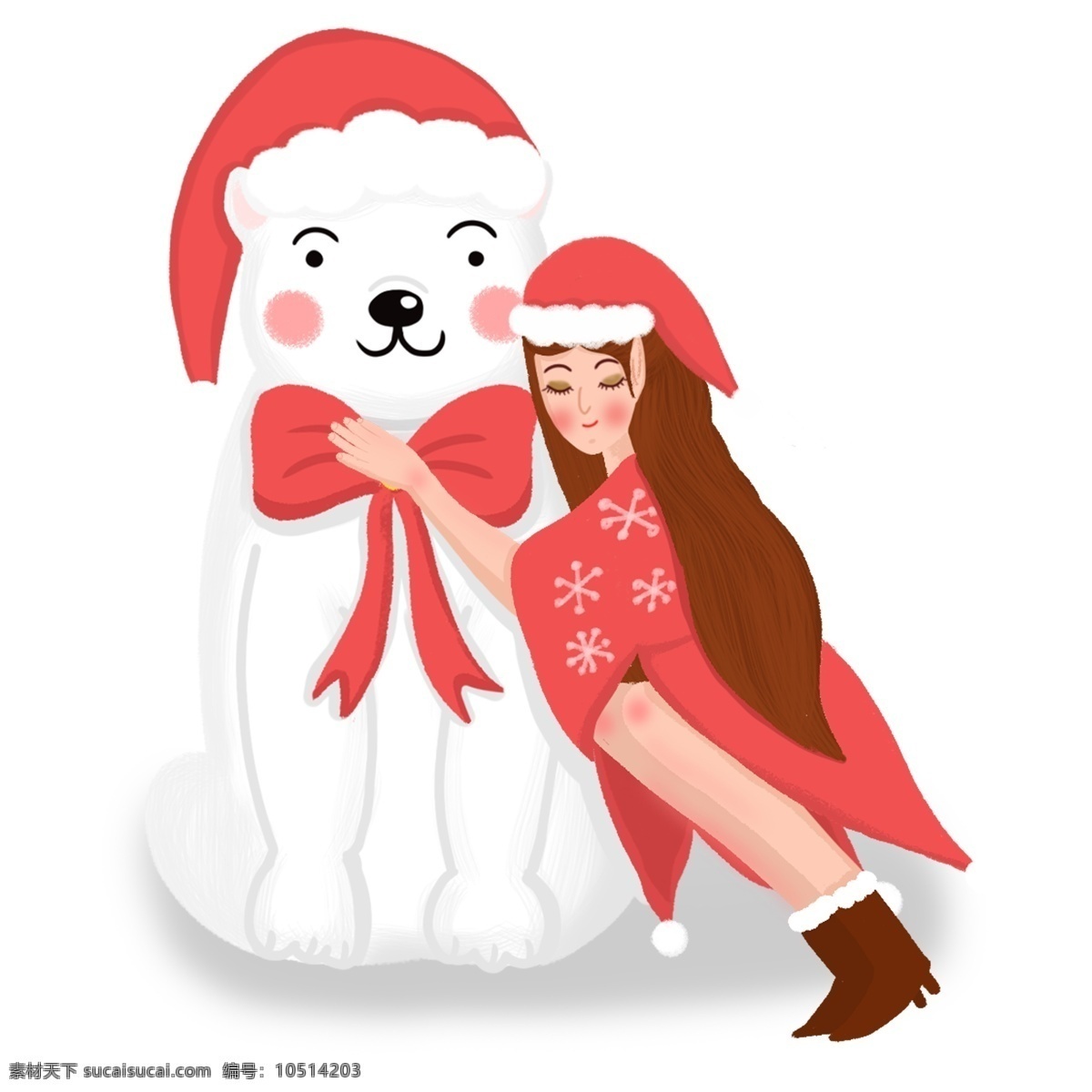 手绘 可爱 圣诞节 北极熊 女孩 精灵 一起 冬天 冬季 圣诞帽 圣诞服装 熊 抱着 靠着 温馨 美 红色 雪花 蝴蝶结