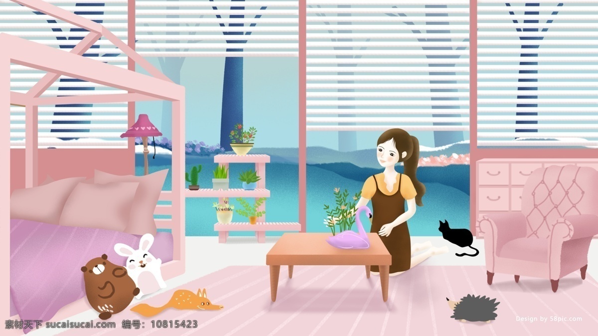 原创 插画 居家生活 窗 女孩 居家 窗边 猫 动物 日常 单身日常 单身日记