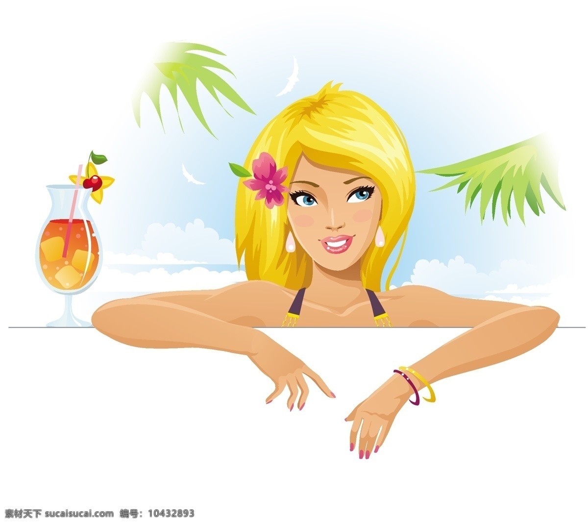 泳裝美女 海邊度假美女 陽光果汁椰樹 大海藍(lán)天白云 沙灘度假 時尚美女 金發(fā)泳裝美女 陽光海灘美女 性感泳裝美女 夏季陽光海灘 矢量 人物 抽象 插畫 動漫動畫 動漫人物