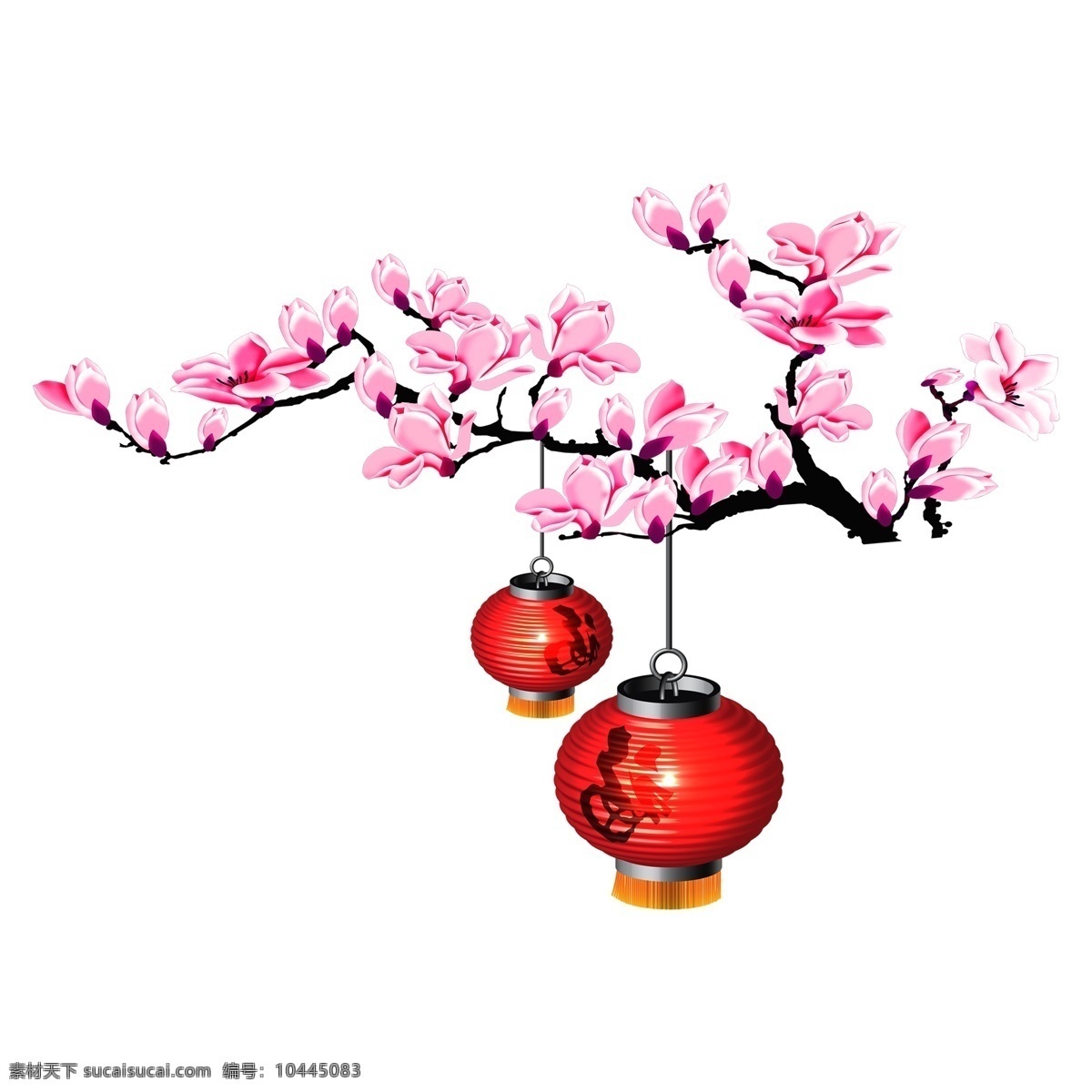 中国 风 新年 装饰 花枝 灯笼 透明 花朵 花卉 叶子 透明素材 水彩 免 扣