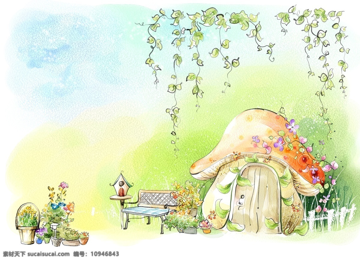 蘑菇 小屋 童话 风景 插画 童话风景 卡通背景 卡通插画 蘑菇小屋 枝蔓 童话图片素材 卡通 共享图 分层