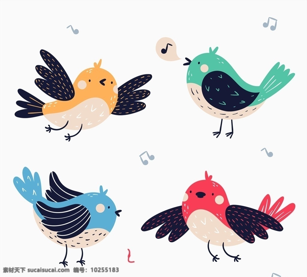 彩绘 鸟类 唱歌 音符 语言气泡 矢量 高清图片