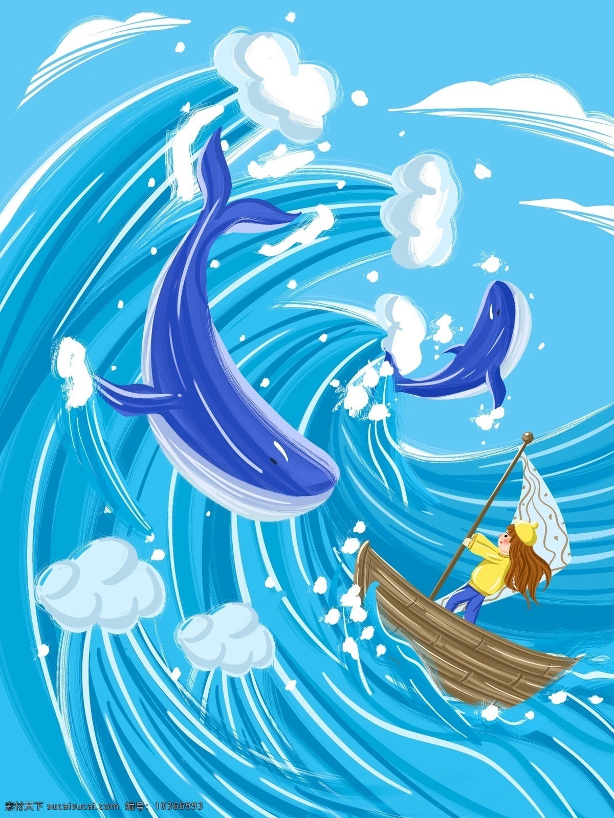 鲸鱼 女孩 海浪 治愈 系 插画 船 天空 云 小清新 海