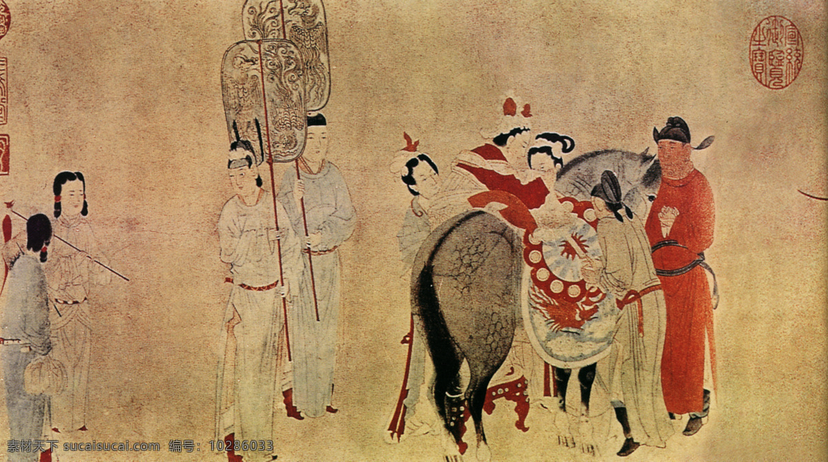 杨贵妃 上马 图 a 人物画 中国 古画 中国古画 设计素材 人物名画 古典藏画 书画美术 棕色