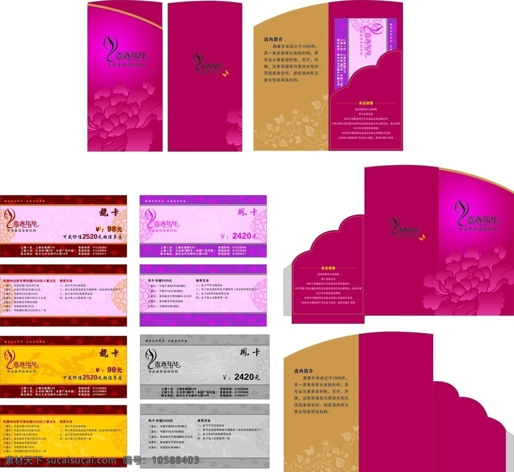 青春 年華 美容 spa 龍鳳 卡 信封設計 美容養(yǎng)生館 美容院 卡片 信封 龍鳳呈祥 矢量龍 矢量鳳 花紋 大紅花 金銀卡 卡片設計 名片卡片 矢量