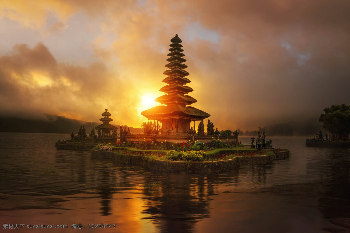 巴厘岛日落 寺庙 印尼传统建筑 旅游 宝塔 度假 热带 亚洲 景观 敬拜 日落 文化 印度教 湖 背景 早晨 自然景观 自然风景
