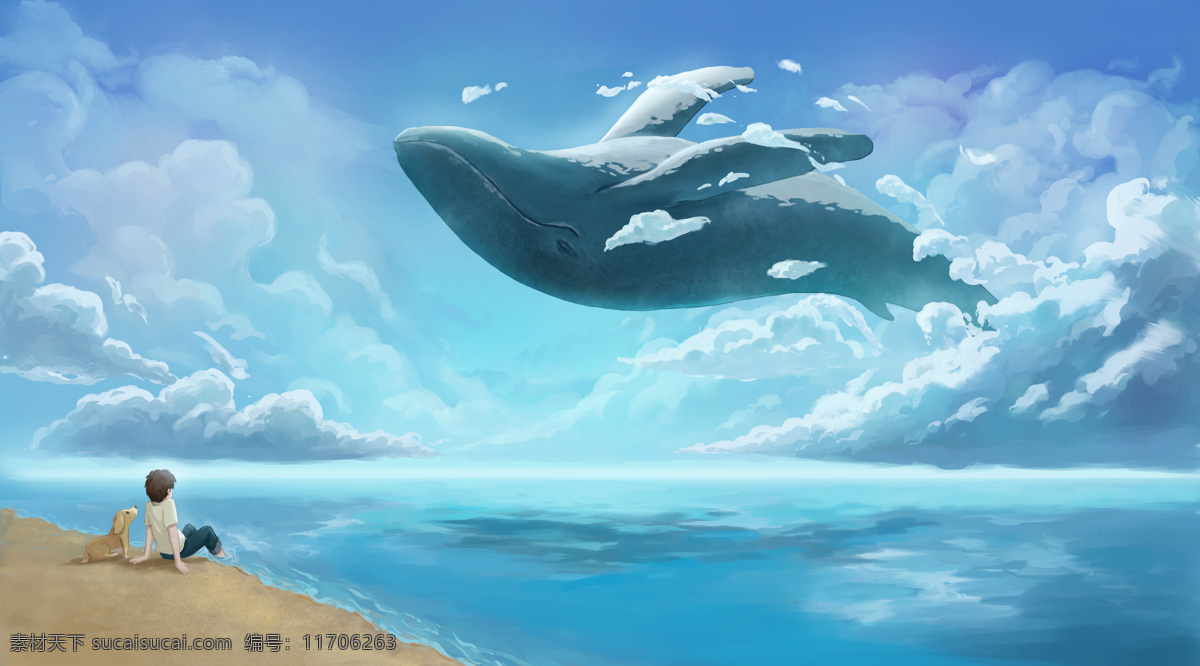 飞翔 大鱼 漫画 海报 大海 天空 云朵 神奇 卡通漫画
