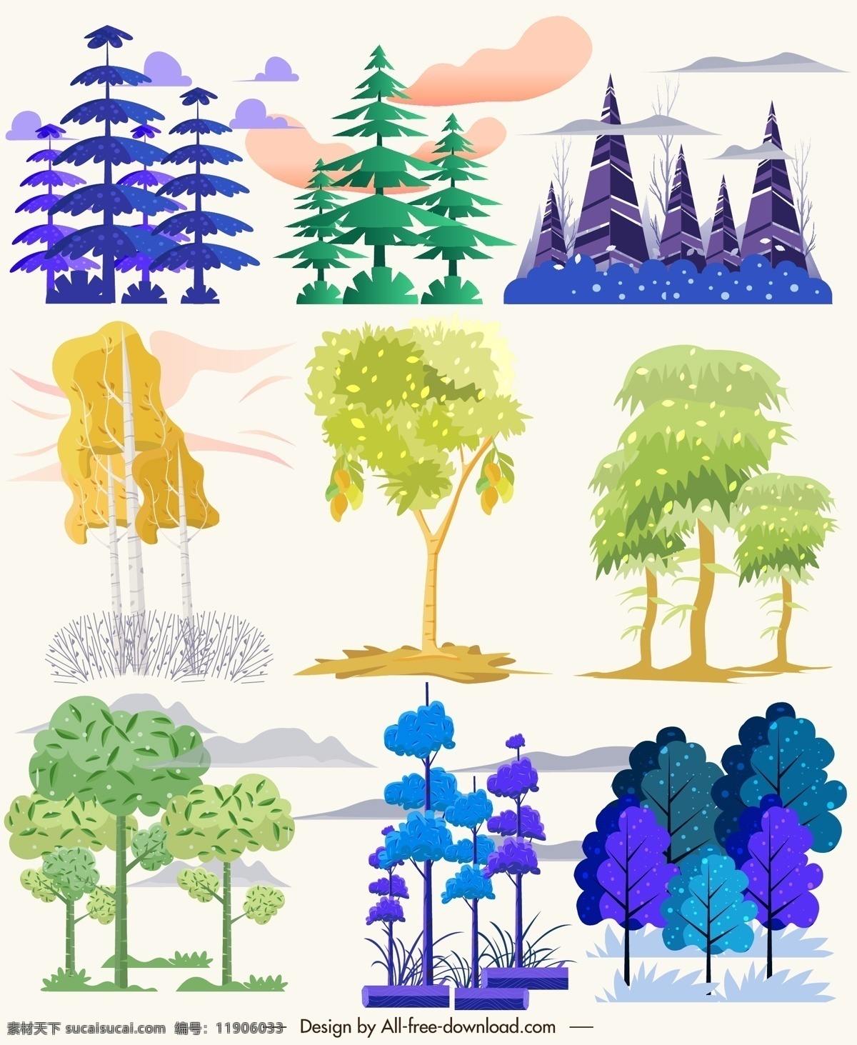 彩色 森林树木 深山 森林 树木 灌木 矢量 高清图片