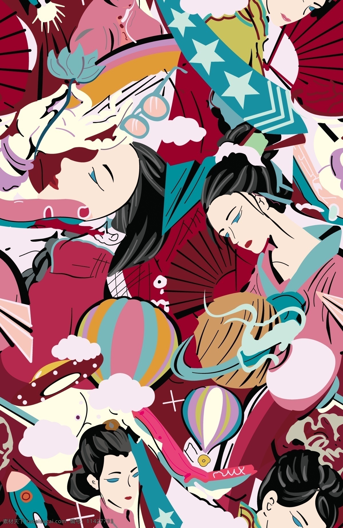 和服 日本 艺妓 女人 扇子 印花 日本艺妓 日系风格 卡通 插画 数码印花 循环位