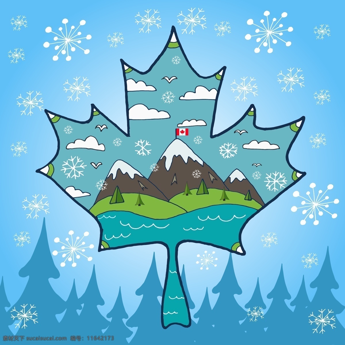矢量 加拿大 枫叶 风景 矢量风景 矢量加拿大 加拿大枫叶 矢量枫叶 卡通枫叶 手绘枫叶 枫叶风景 创意背景 冬天背景 矢量下雪 雪花插画 矢量树木 矢量森林 加拿大风景 植物树木 自然景观 自然风光