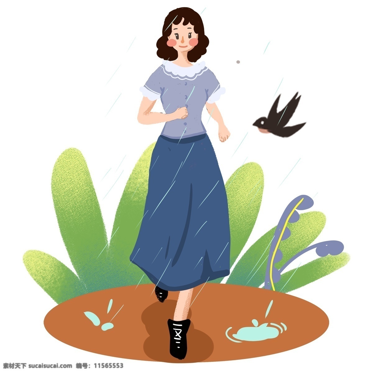 谷雨 人物 燕子 插畫 谷雨人物插畫 黑色的燕子 奔跑的小女孩 綠色的葉子 藍(lán)色的雨滴 卡通人物